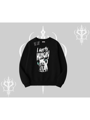 Odea Tarzsokak Am Hungry Kedi Baskılı Biskilet Sweatshirt, Siyah, Xl