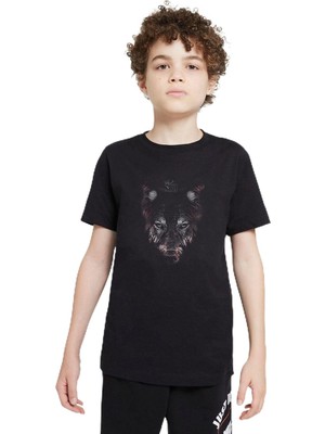 Odea Qivi Unisex Çocuk Siyah Kurt Wolf Geyik Animal Baskılı Sweatshirt SFK0515-COCTS, 7-8 Yaş
