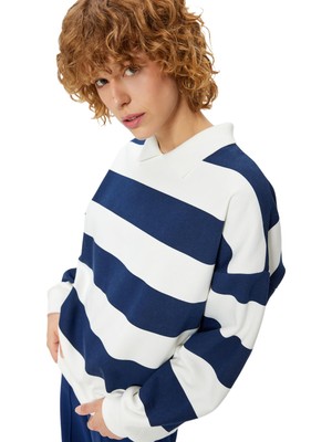 Odea Koton Polo Yaka Sweatshirt Oversize Renk Bloklu Uzun Kollu