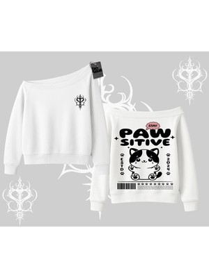 Odea Tarzsokak Paw Sitive Kedi Arka Baskılı Kayık Yaka Sweatshirt, Beyaz, Xl