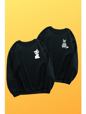Odea Tarzsokak Unisex Siyah Kedicik Baskılı Sevgili Kombini 2'li Set Benisengiydirkediciksweat, Siyah, M