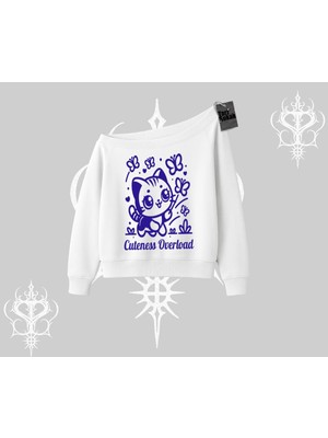 Odea Tarzsokak Cuteness Overload Kedi Baskılı Kayık Yaka Sweatshirt, Beyaz, M