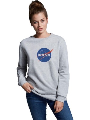 Odea Qivi Nasa Logo Simge Baskılı Gri Kadın Örme Sweatshirt Uzun Kol BGA0403-KDNSW, Xs