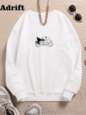 Odea Tarzsokak Minimal Örümcek Renkli Oversize Bisiklet Yaka Pamuklu Sweatshirt Beyaz, Beyaz, M