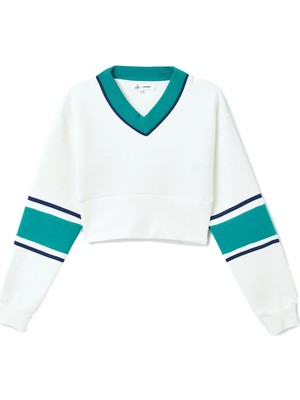 Odea Koton Şardonlu Renk Bloklu V Yaka Uzun Kollu Crop Sweatshirt