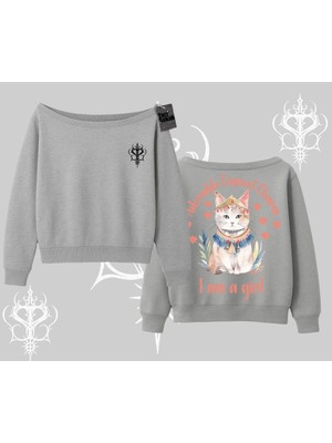 Odea Tarzsokak Cute Princess Kedi Tasarımlı Arka Baskılı Kayık Yaka Sweatshirt, Gri, S