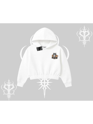 Odea Tarzsokak Need Coffee Right Meow Yazılı Kedi Baskılı Kapşonlu Crop Sweatshirt, Beyaz, M