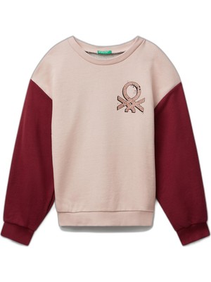 Odea Benetton Kız Çocuk Siyah-Gri Mix Parıltılı Logo Baskılı Ribanalı Bisiklet Yaka Sweatshirt, Siyah-Gri Mix, 6-7 Yaş