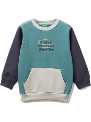 Odea United Colors Of Benetton Erkek Çocuk Koyu Yeşil-Gri Önü Logo Baskılı Cepli Bisiklet Yaka Regular Fit Sweatshirt, 12-18-Ay, 225A3EB5G10KS, Koyu Yeşil-Gri, Erkek-Çocuk