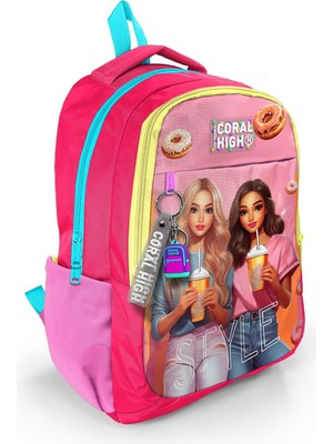 Odea Coral High Kids Pembe Neon Mercan Fashion Girl Desenli Üç Bölmeli Okul Sırt Çantası 23669