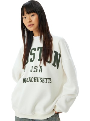 Odea Şardonlu Oversize Sweatshirt Bisiklet Yaka Kolej Baskılı Uzun Kollu