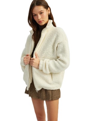 Odea Koton Fermuarlı Dik Yaka Cep Detaylı Oversize Peluş Sweatshirt