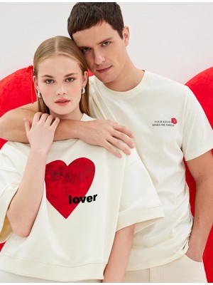 Odea Koton Pamuklu Kısa Kollu Bisiklet Yaka Kalpli Oversize Sweatshirt