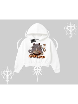 Odea Tarzsokak Kapşonlu Crop Sweatshirt Ramen Lover Kedi Anime Baskılı, Beyaz, Xl