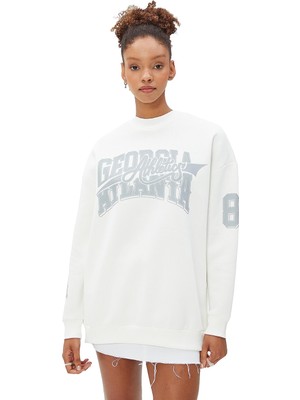 Odea Koton Kadın Bisiklet Yaka Sweatshirt Oversize Baskılı Uzun Kollu Ribanalı, Ekru, S