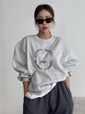 Odea Tarzsokak Dazy Slogan Embroidery Drop Shoulder Pullover Gri, Light Grey, L/xl