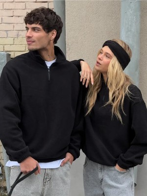 Odea Tarzsokak Unisex Relaxed Fit Yarım Fermuarlı Dik Yaka Sweatshirt Siyah, SIYAH-151, L