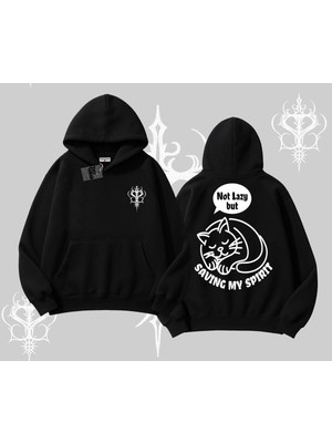 Odea Tarzsokak Not Lazy Saving My Spirit Kedi Baskılı Kapşonlu Sweatshirt, Siyah, Xl