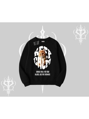 Odea Tarzsokak Keep Calm Yazılı Kedi Baskılı Streetwear Biskilet Sweatshirt, Siyah, Xl
