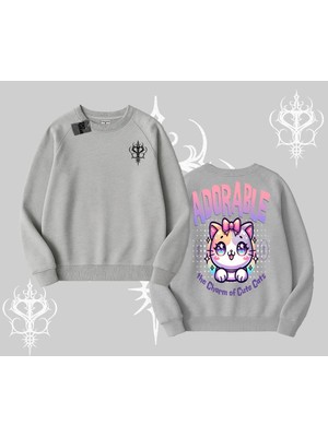 Odea Tarzsokak Adorable Kawaii Kedi Arka Baskılı Biskilet Sweatshirt, Gri, M