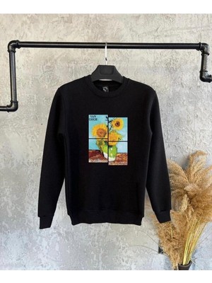 Odea Tarzsokak Siyah Oversize Tasarım Baskılı Kapşonsuz 0 Yaka Pamuklu Unisex Sweatshirt, Siyah, Xl