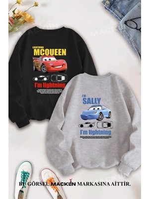 Odea Tarzsokak Sevgili Çift Kombin Şimşek Mcqueen ve Sally Sırt Baskılı Bisiklet Yaka Sweatshirt 2li, SIYAH-126, Xl