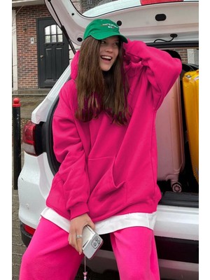 Odea Madmext Pembe Kapüşonlu Şardonlu Oversize Sweatshirt MG1566,PEMBE M