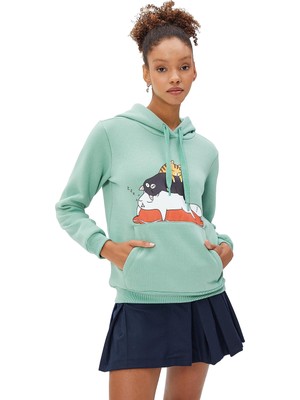 Odea Şardonlu Kapüşonlu Sweatshirt Kedi Baskılı Kanguru Cepli
