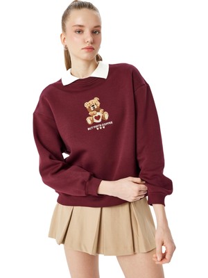 Odea Koton Şardonlu Ayı Nakışlı Uzun Kollu Bisiklet Yaka Oversize Sweatshirt