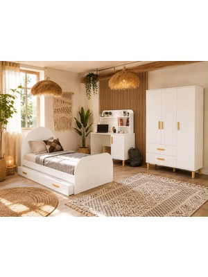 Afilli Bohem Çocuk Odası Takımı Yavrulu Masalı Beyaz MDF 3 Parça Modern Tasarım
