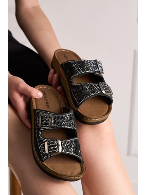 İmershoes Günlük Kadın Terlik Çift Tokalı Taşlı Boncuk Detaylı Yumuşak Dikişli Ortopedik Mantar Taban 34155