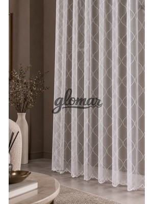 Glomar Geometrik Desenli Eteği Işlemeli 1/3 Pileli Tül Perde Her Odaya Uygun Korniş Düğmeli Tül Perde