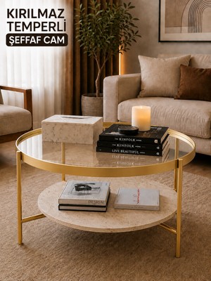 Evdera Mobilya Oslo Orta Sehpa Şeffaf Temperli Cam Gold Metal Ayak