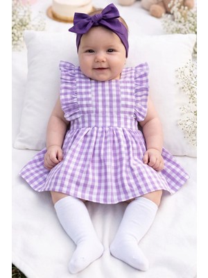Parla Kids Kız Bebek Violetta Lila Pötikareli Fırfırlı Bağlama Detaylı Elbise Bandana Takım
