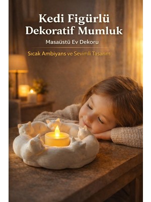 Esranın Dünyası Kedi Dekoratif Pla Masaüstü Mumluk Ev Dekoru Sıcak Ambiyans Beyaz 9 x 13