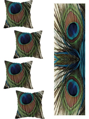 Esranın Dünyası Pelangi Renki Tavus Kuşu Tüylü Masa Değişik Ranır Modelleri Dekoratif 4'lü Kırlent Kılıfı Runner Seti, Lacivert-Turkuaz 40 x 140