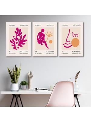 Tilki Dünyası Henri Matisse 3'lü Kanvas Tablo Seti - Fuşya Pembe Soyut Yüz ve Yaprak Tasarımlı Modern Duvar Tablosu Seti