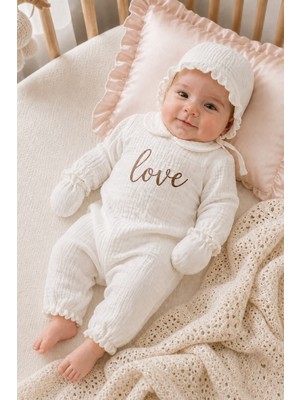 Bebeqon 3 Parça %100 Pamuk Müslin Ekru Arkası Çıtçıtlı Love Baskılı Hastane Çıkış Seti 0-3 Ay