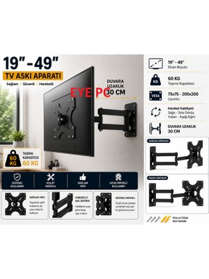 EYE PC 3 Kollu Hareketli Tv Askı Aparatı 37/94 cm Yukarı Aşağı Hareket Yetenekli