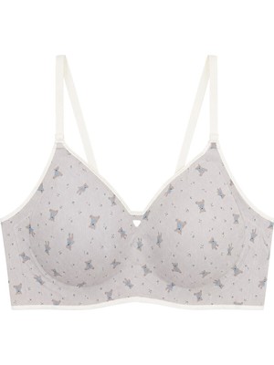 Cottonhill Seamless Bra - Mireva | Gri Lazer Kesim Rib Dokulu Ayıcık Desenli Balensiz Kadın Sütyen