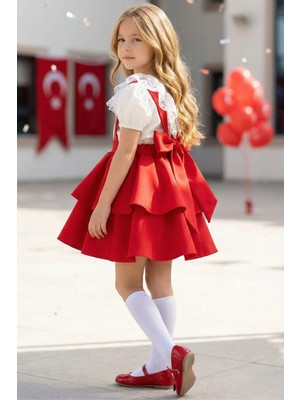 Parla Kids Kız Çocuk Helen Kırmızı Askılı Jile 23 Nisan 29 Ekim Elbise Gösteri Kıyafeti Ekru Dantel Kısa Kollu Bluz Abiye Takım