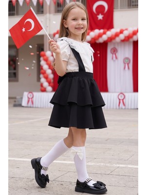 Parla Kids Kız Çocuk Helen Siyah Askılı Jile 23 Nisan 29 Ekim Gösteri Kıyafeti Elbise Ekru Dantel Kısa Kollu Bluz Abiye Takım