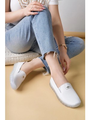 Nesil Shoes Knc 14 Beyaz Hakiki Deri Şeffaf Taban Kadın Ayakkabı