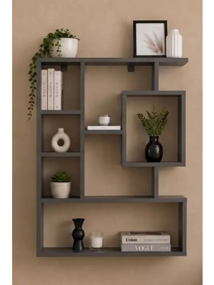 Reyo Enda Home Bigane Büyük Dekoratif Duvar Rafı 70,9 × 93,6 Cm, Asimetrik Çok Bölmeli Duvara Monte Raf - Antrasit