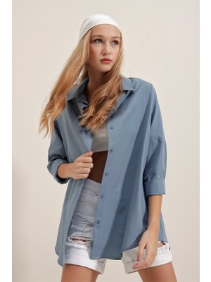 Aisha Elbise 3900 Oversize Uzun Basic Gömlek - Indigo