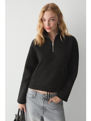 Ethiquet Bellagıo Kadın Organik Pamuklı Kanguru Cepli Yakası Fermuarlı Siyah Sweatshirt
