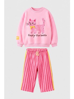 Monila Kız Çocuk Pembe Kedi Baskılı Sweatshirt ve Pembe Çizgili Eşofman Alt Üst Takım