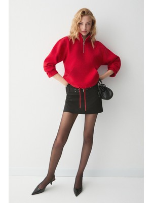 Ethiquet Bellagıo Kadın Organik Pamuklı Kanguru Cepli Yakası Fermuarlı Kırmızı Sweatshirt