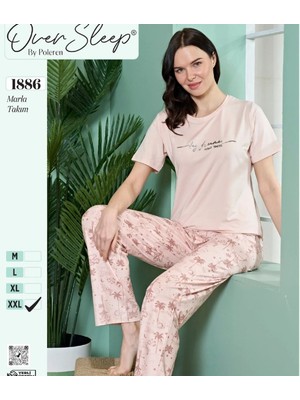 Over Sleep by Poleren Tüylenmez Kırışmaz Kumaş Kısa Kol Yazlık Kadın Pijama Takımı