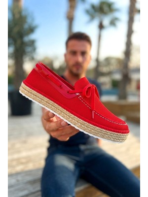 Zerenyus ZRC311 Premium Günlük Bağcıklı Keten Erkek Espadril Kırmızı